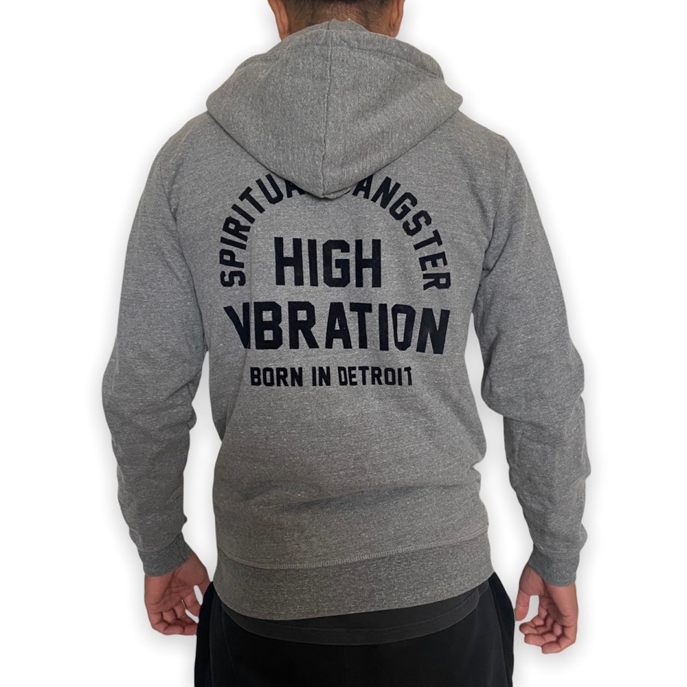 Spiritual Gangster Gray 'High Vibration' Hooded Bomber Jacket